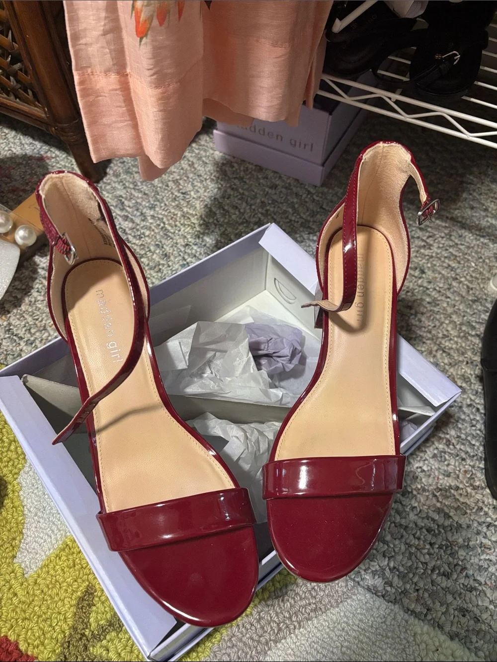 Madden Girl Red Patent Block Heel Sandals with Ankle Strap